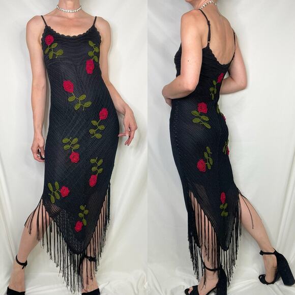 Cache crochet beaded rose floral embroidered maxi dress cocktail fringe hem S - Picture 17 of 17